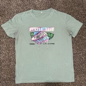 Mint Green Graphic T-Shirt with Purple Rose Design